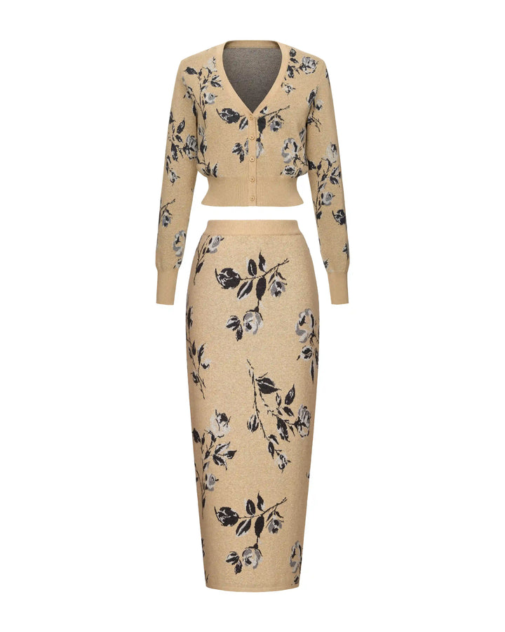 Heather-Dorothy, knitted set made of beige cotton with floral print