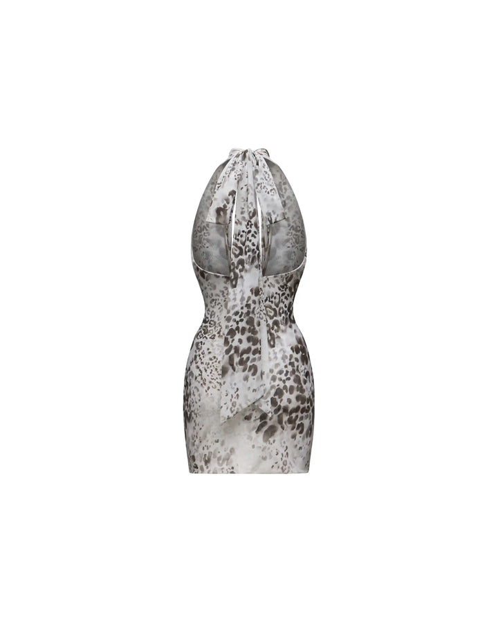 Alia mini, ivory mesh mini dress with animal print