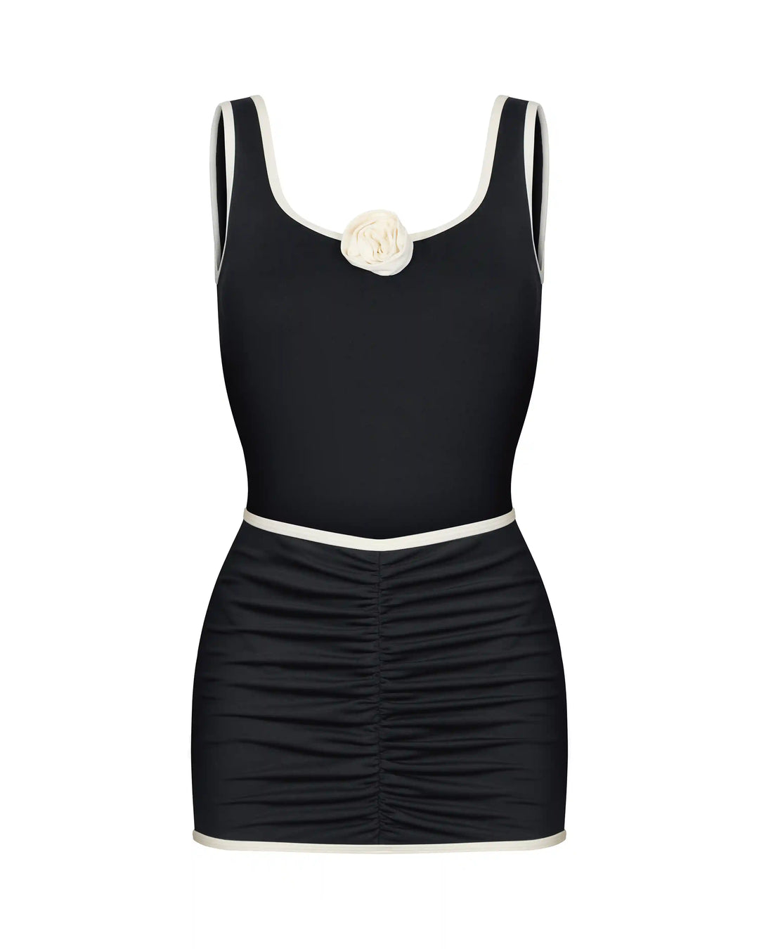 Sarah&Samantha, set of one-piece black swimsuit and a skirt made of biflex with a rose