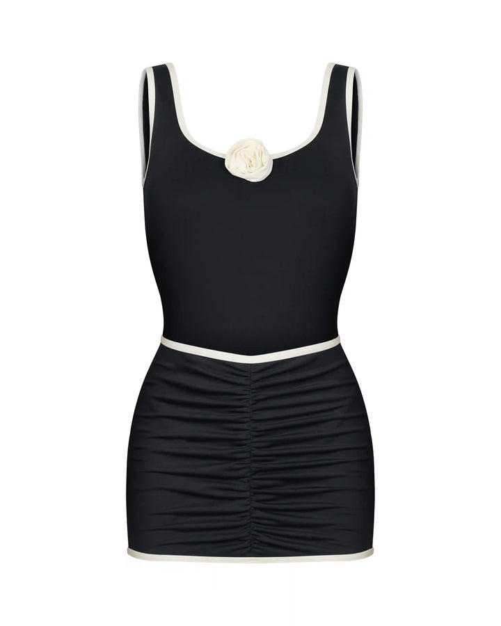 Sarah&Samantha, set of one-piece black swimsuit and a skirt made of biflex with a rose