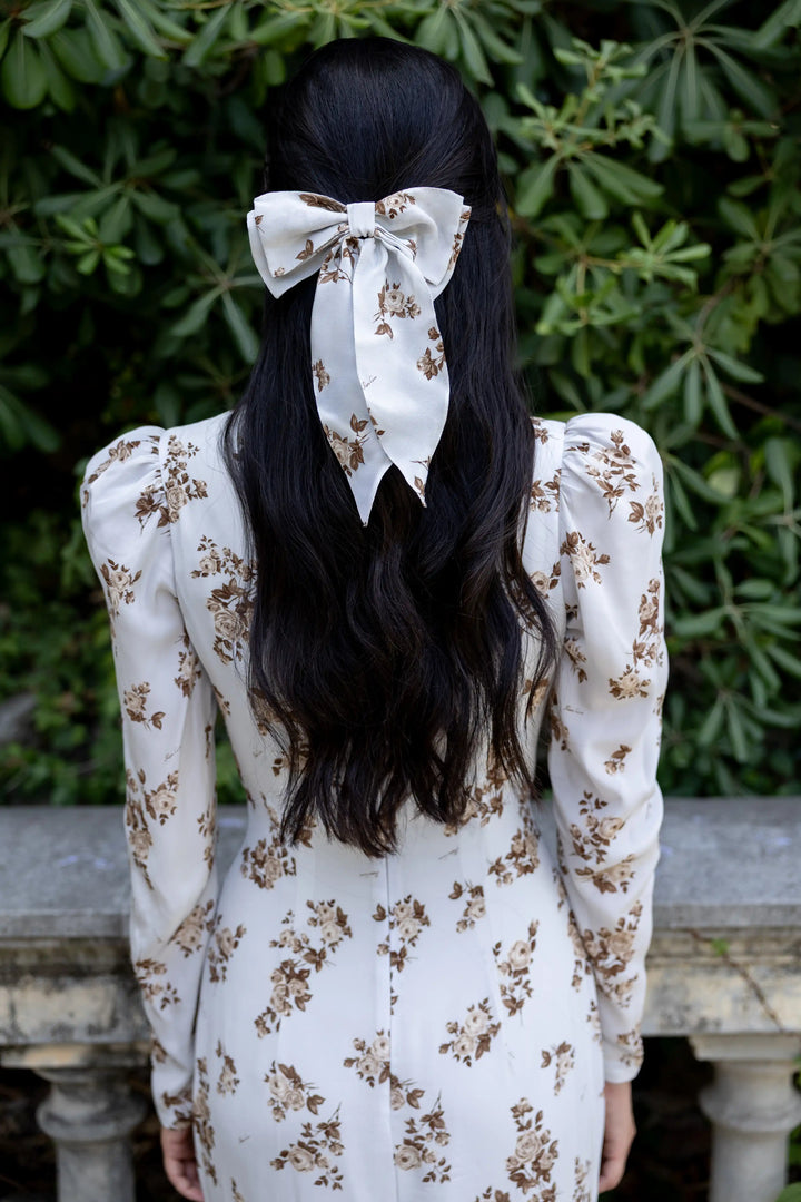 Mireya, chocolate chiffon bow hair clip with beige flowers