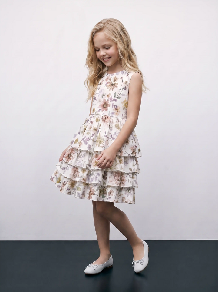 Fifi no sleeves, ivory chiffon children's dress with multicolor flowers