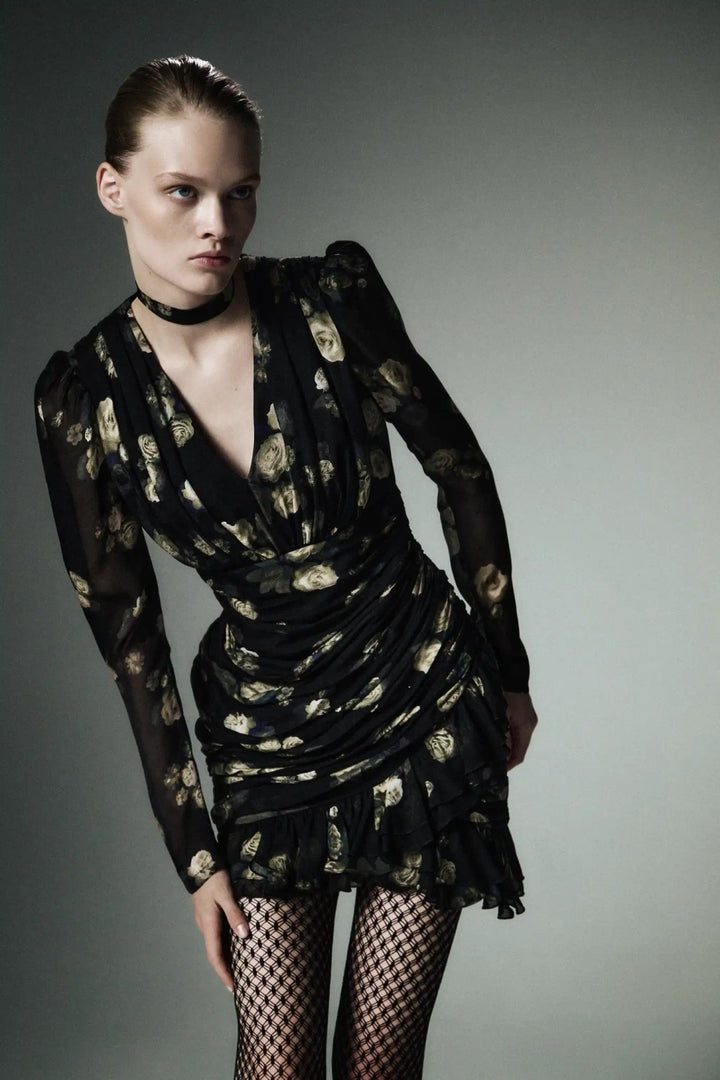 Josephine Sleeves, mini dress with long sleeves made of burgundy crepe de chine with a floral print