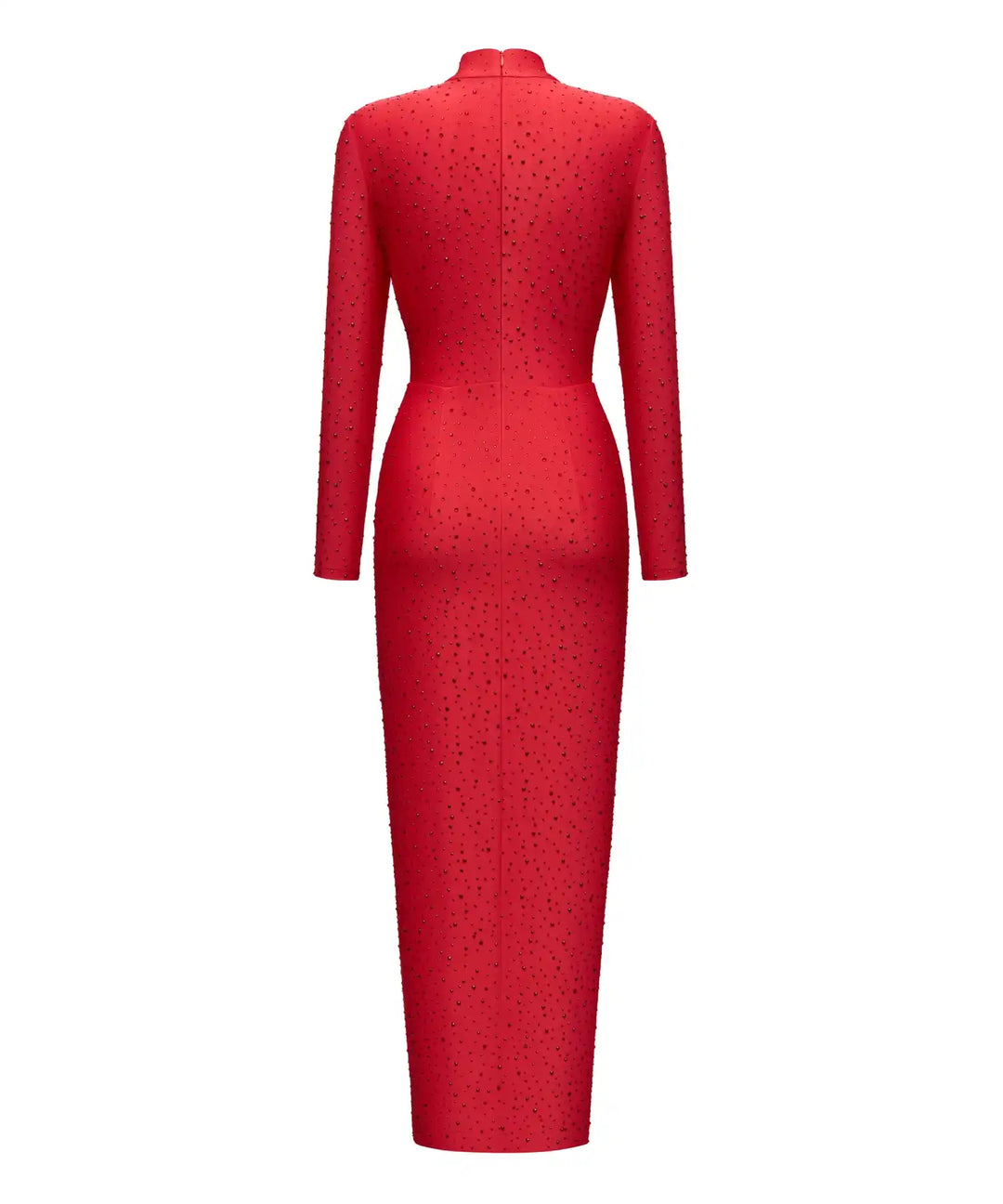 Madeline, maxi dress made of red biflex with rhinestones and a slit