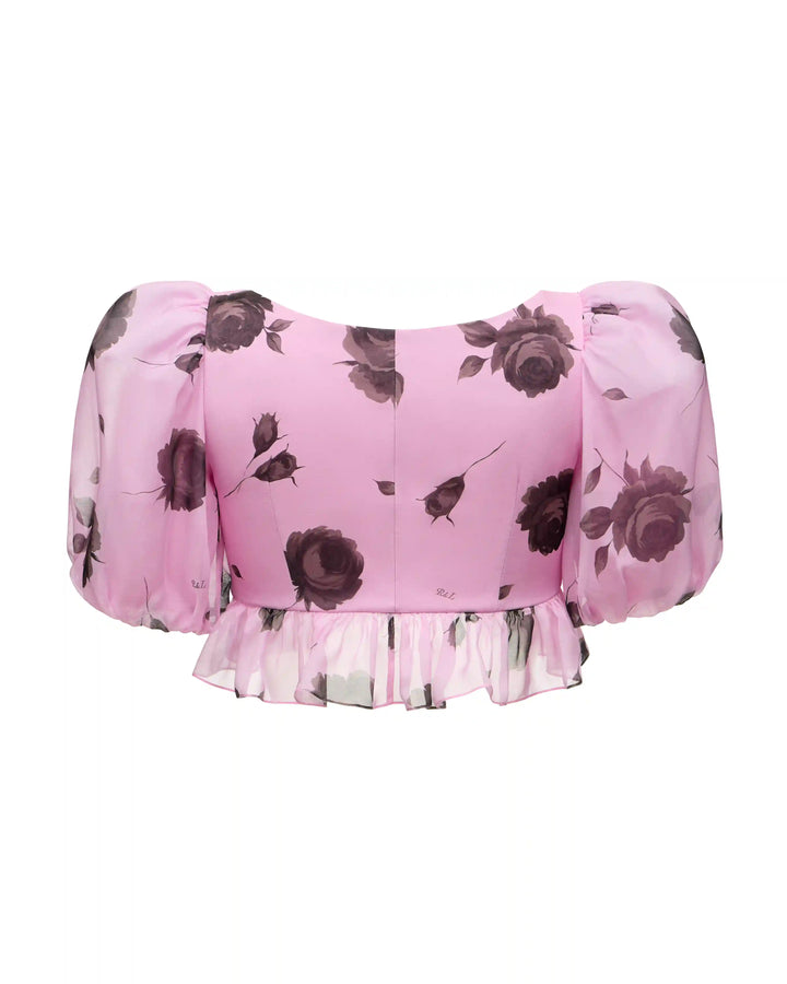 Melisa, crop top made of lilac chiffon with gray flowers