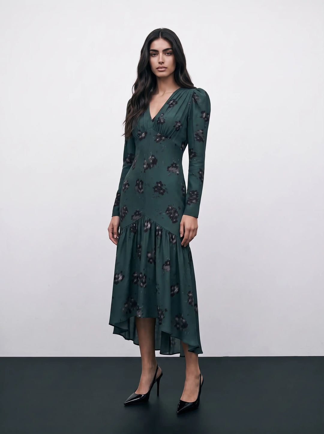 Bree midi, emerald crepe de chine midi dress with black flowers