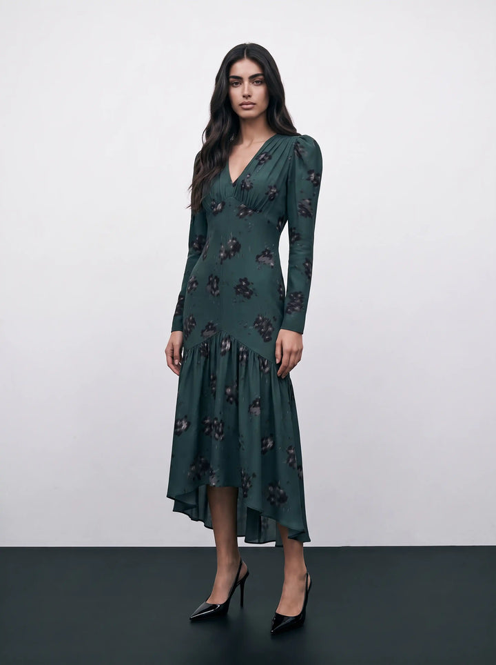 Bree midi, emerald crepe de chine midi dress with black flowers