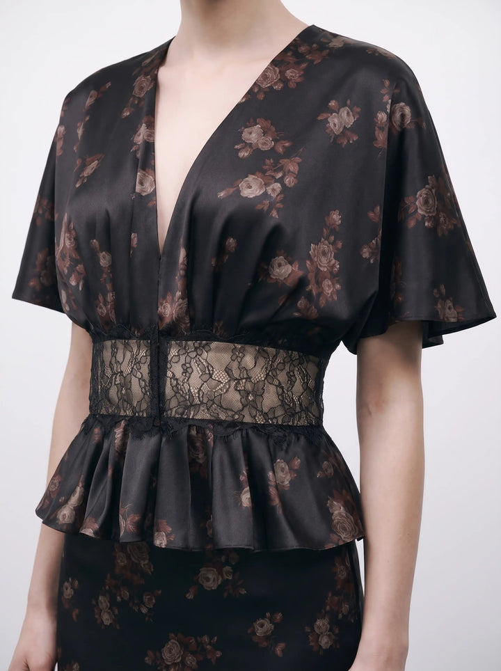 Yasmin, black satin blouse with brown flowers