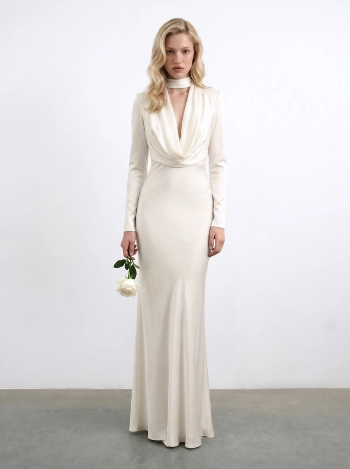 Emma maxi, silk satin maxi dress with long sleeves and choker in ivory