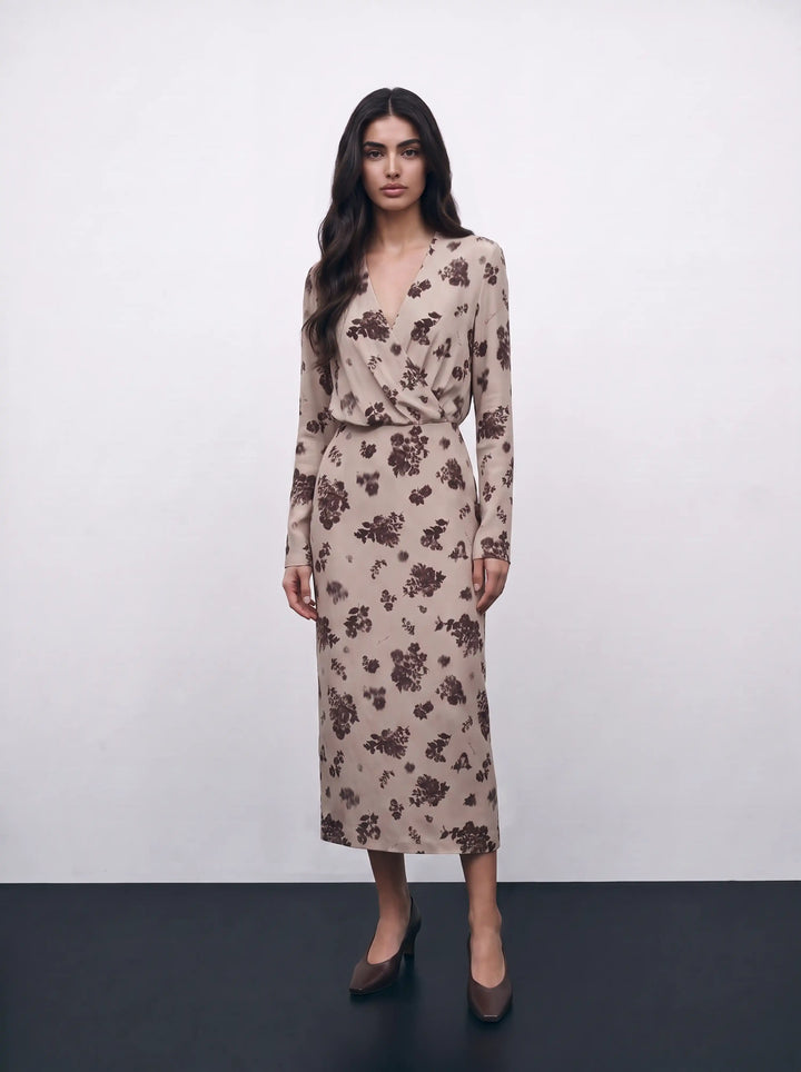 Lima midi, beige crepe de chine midi dress with chocolate flowers