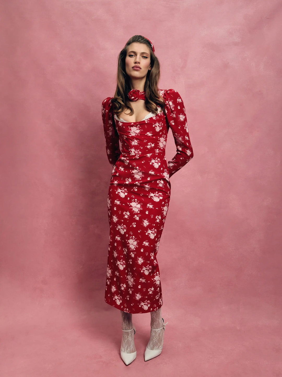 Macel midi, milky crepe de chine midi dress with floral print