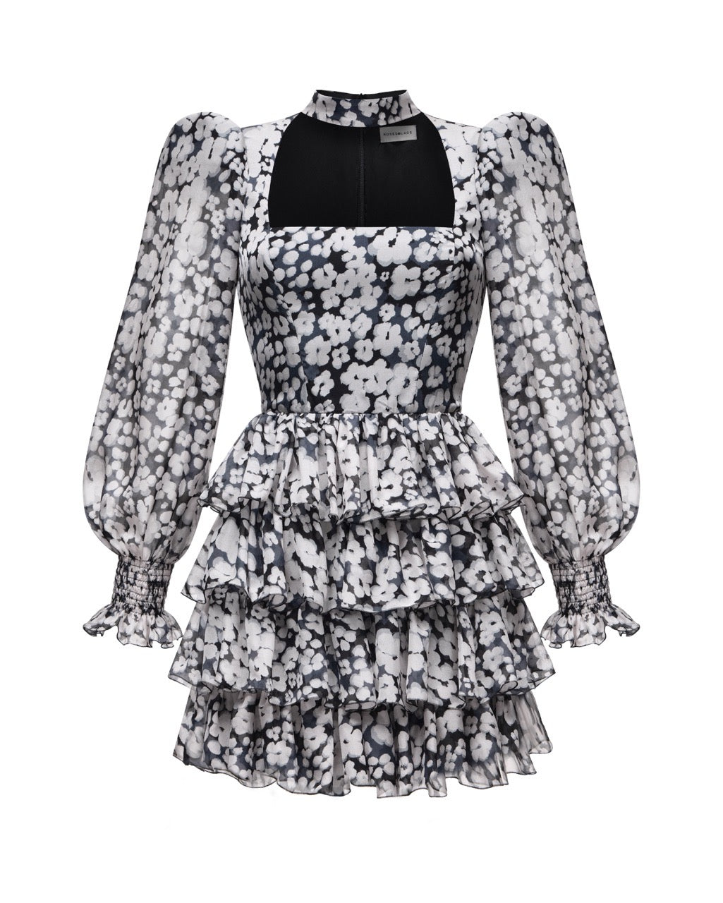 Valerie mini, mini dress black chiffon with medium ivory flowers