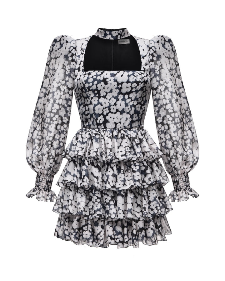 Valerie mini, mini dress black chiffon with medium ivory flowers