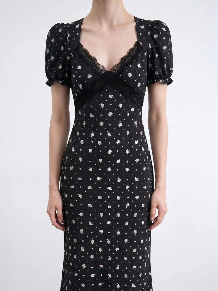 Penny midi, midi dress in black crepe de chine with a floral print