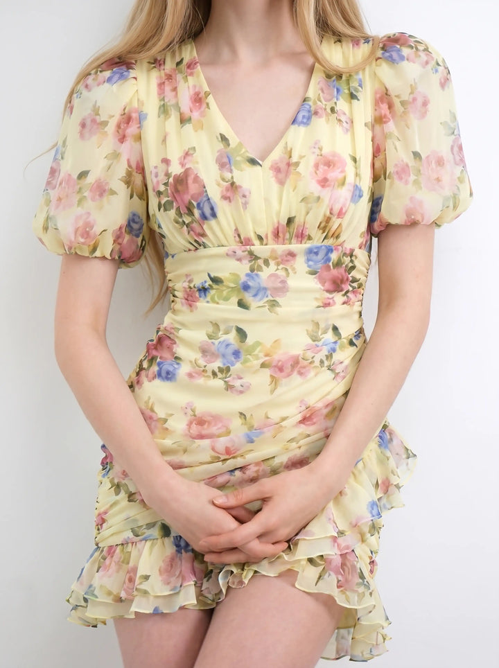 Josephine mini, mini dress in pale yellow crepe de chine with a floral print