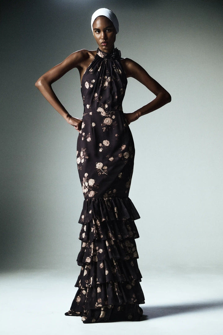 Rozalia, maxi dress made of chocolate chiffon with floral print