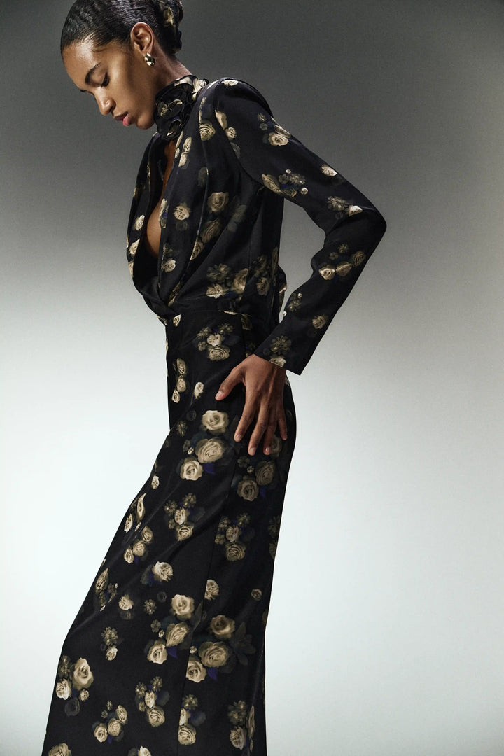 Jasmine midi, midi dress made of black crepe de chine with floral print