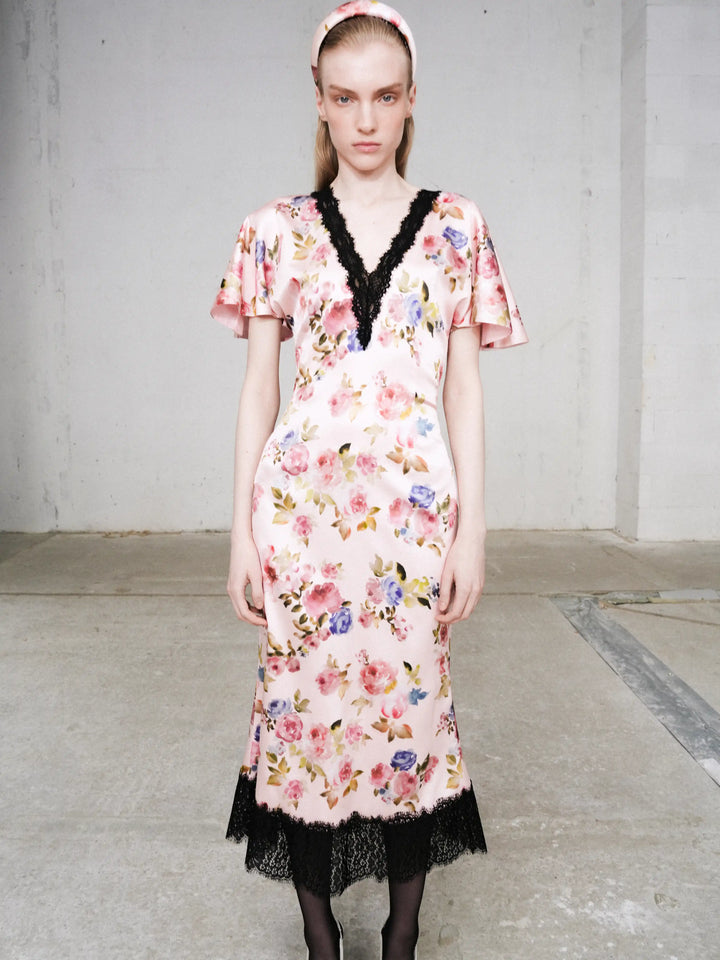 Odette midi, midi dress in light pink satin with a floral print and lace trim