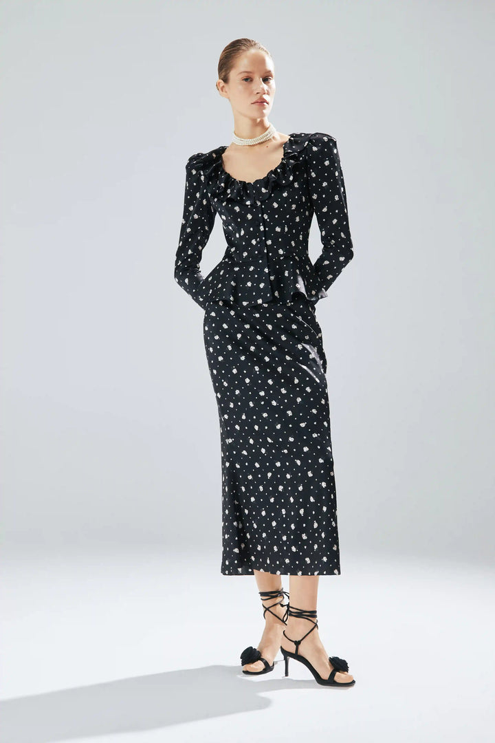 Kerelin, midi skirt made of black satin with small floral print