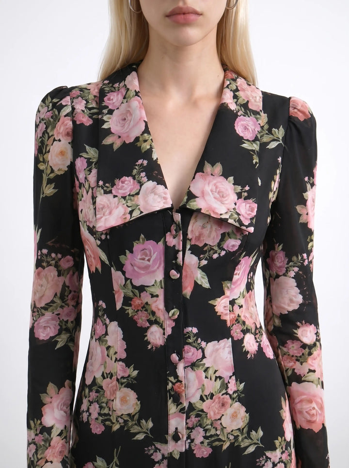 Audrice, midi dress in black crepe de chine with medium pink flowers