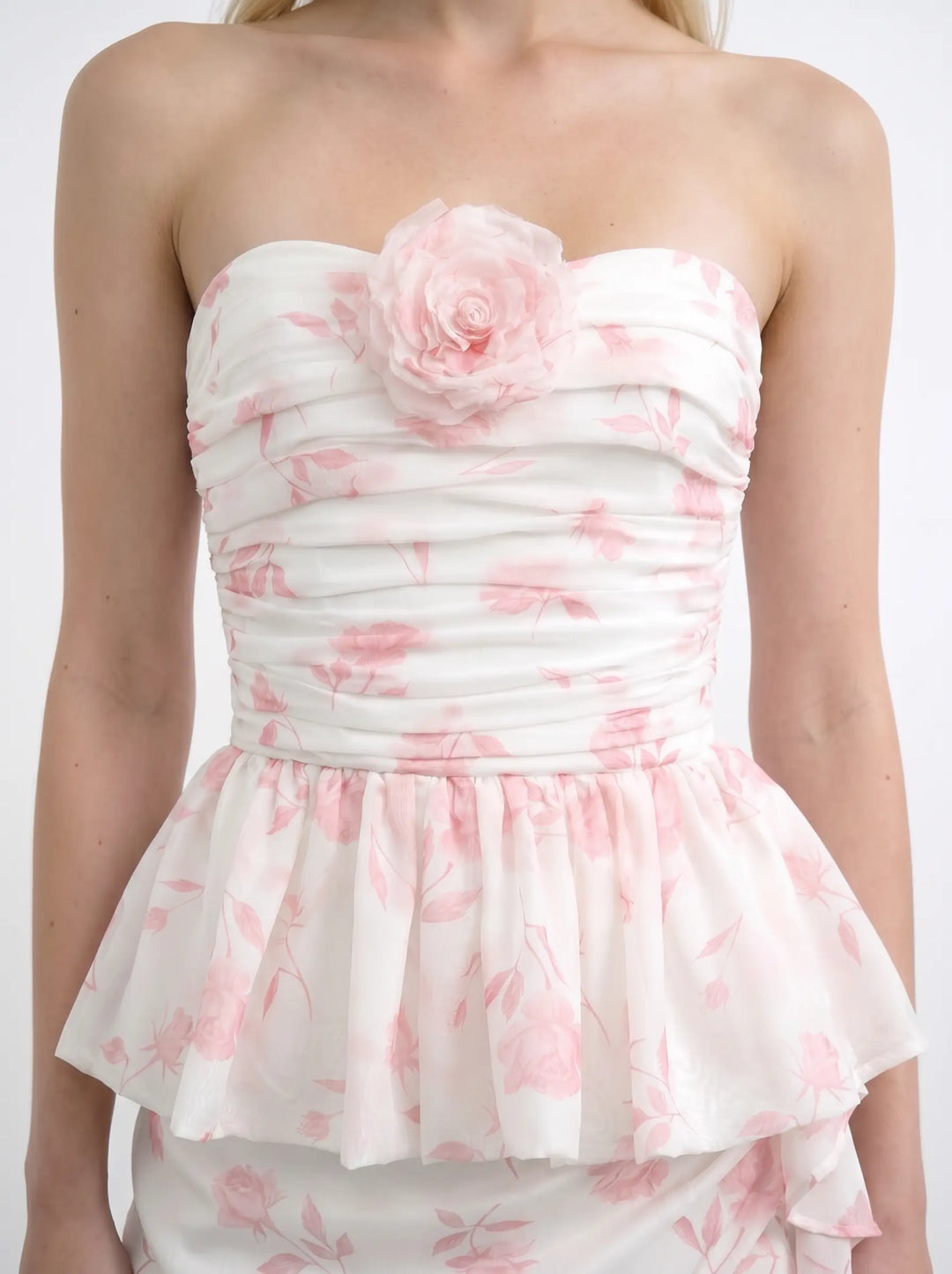 Rosalie, ivory chiffon corset top with medium light pink flowers
