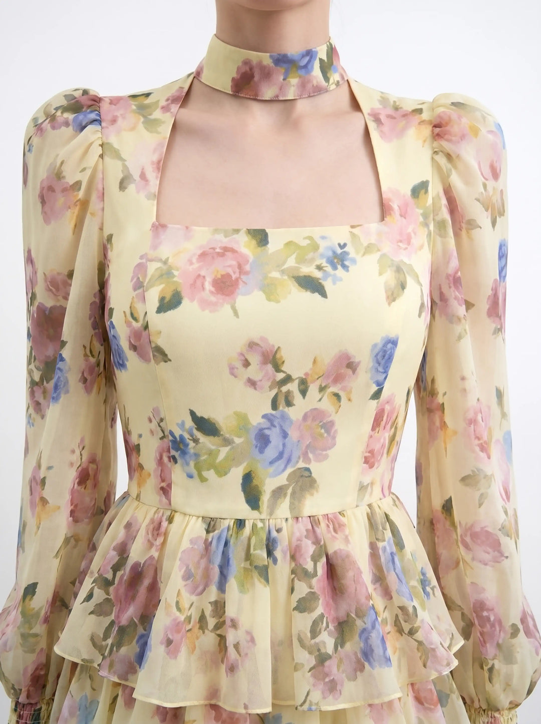 Valerie mini, mini dress in pale yellow crepe de chine with a floral print