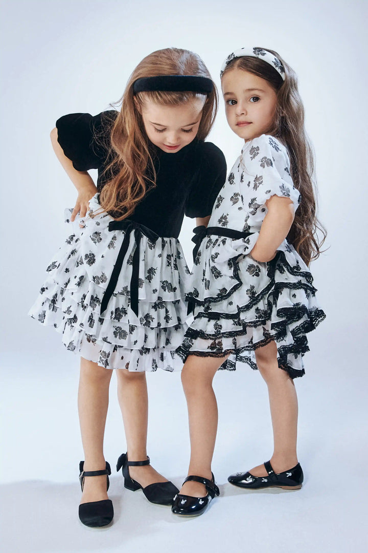 Noemi, children's headband made of ivory chiffon with floral print