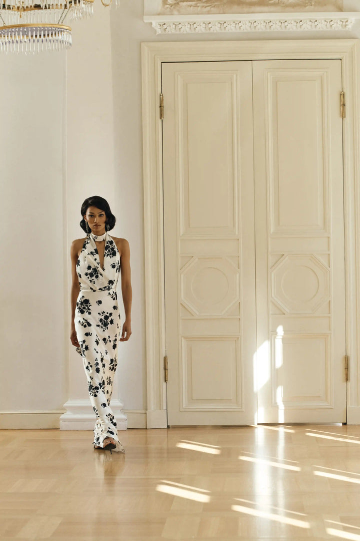 Alia maxi, maxi dress with  a choker made of ivory satin with floral print