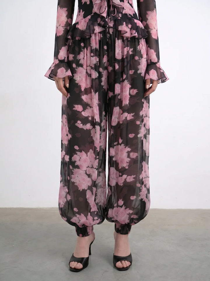 Evie, black chiffon harem pants with large pink flowers