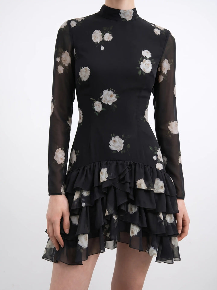 Stella mini, mini dress in black chiffon with a floral print