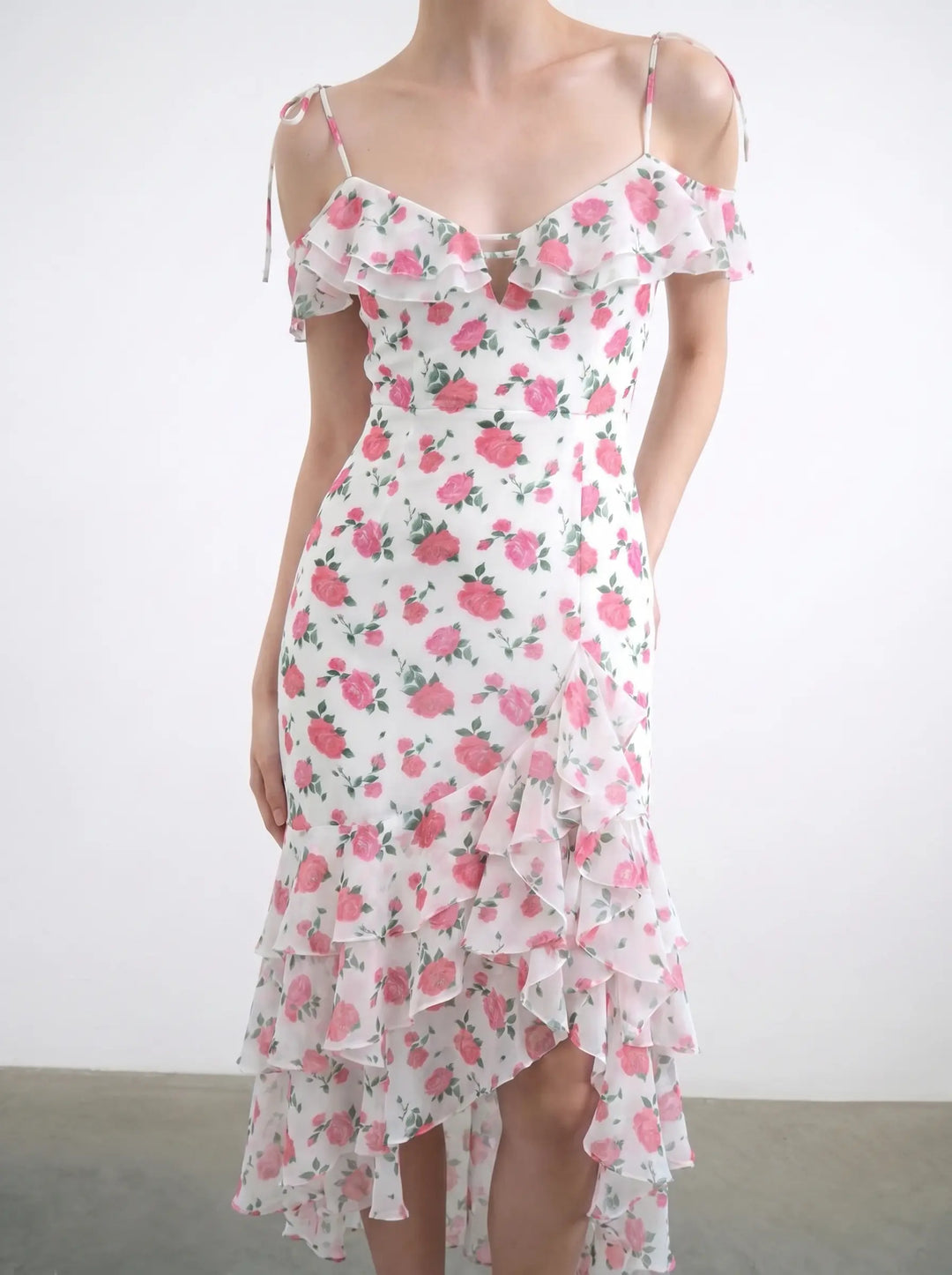 Monika midi, midi dress in milky chiffon with medium raspberry flowers
