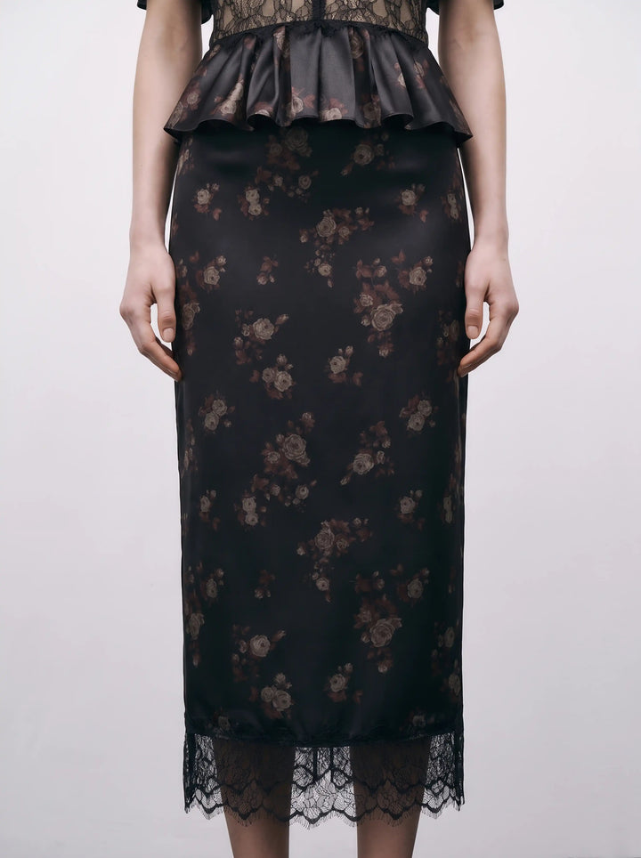 Muriel midi, black satin midi skirt with brown flowers