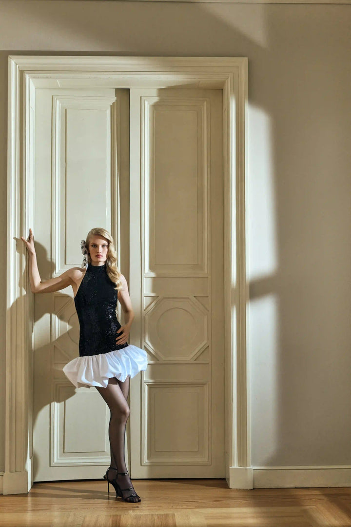 Nika mini, mini dress with a black sequin bodice and a balloon skirt in ivory taffeta