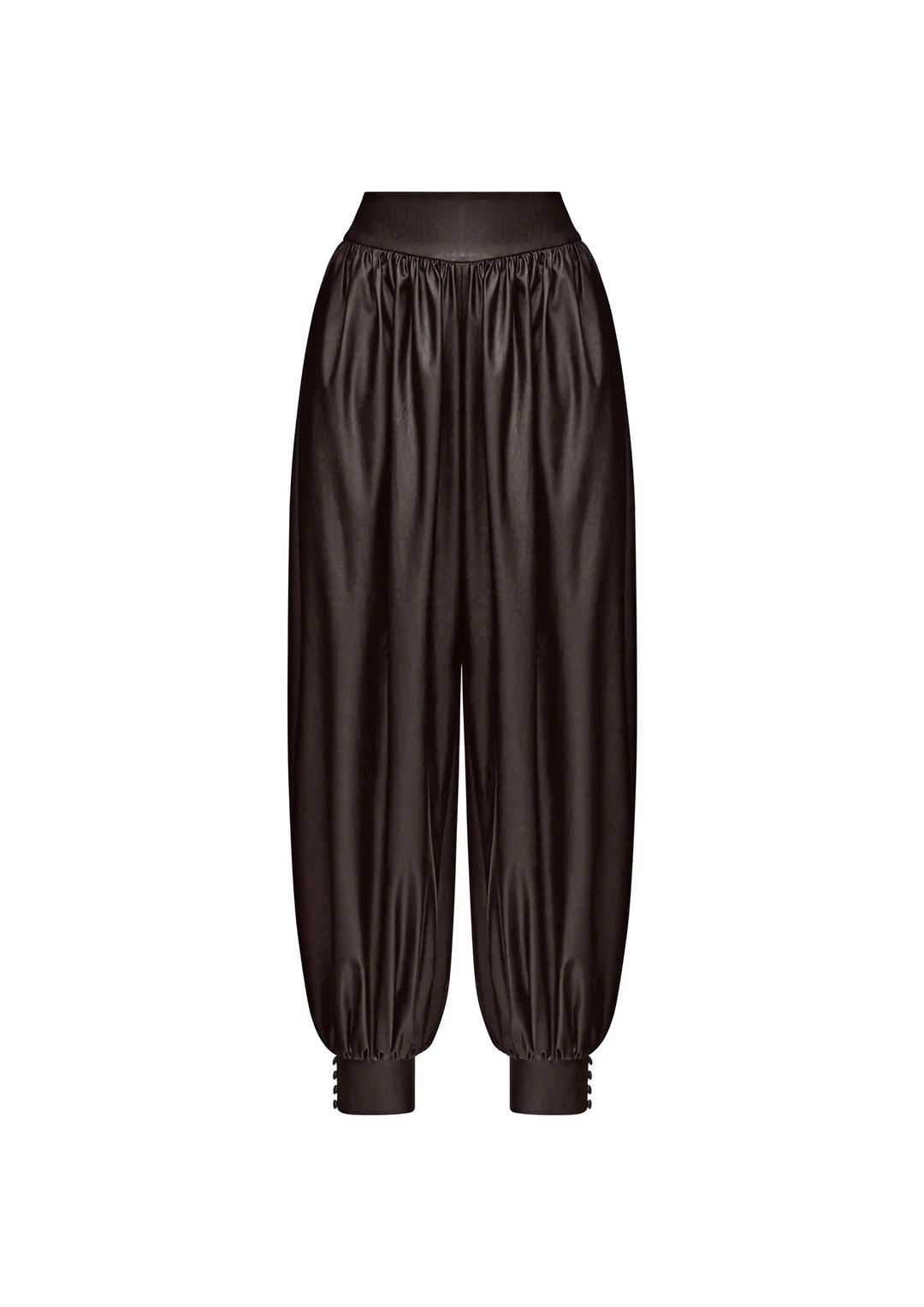 Chanelle-Evie, top and trousers made of chocolate eco-leather