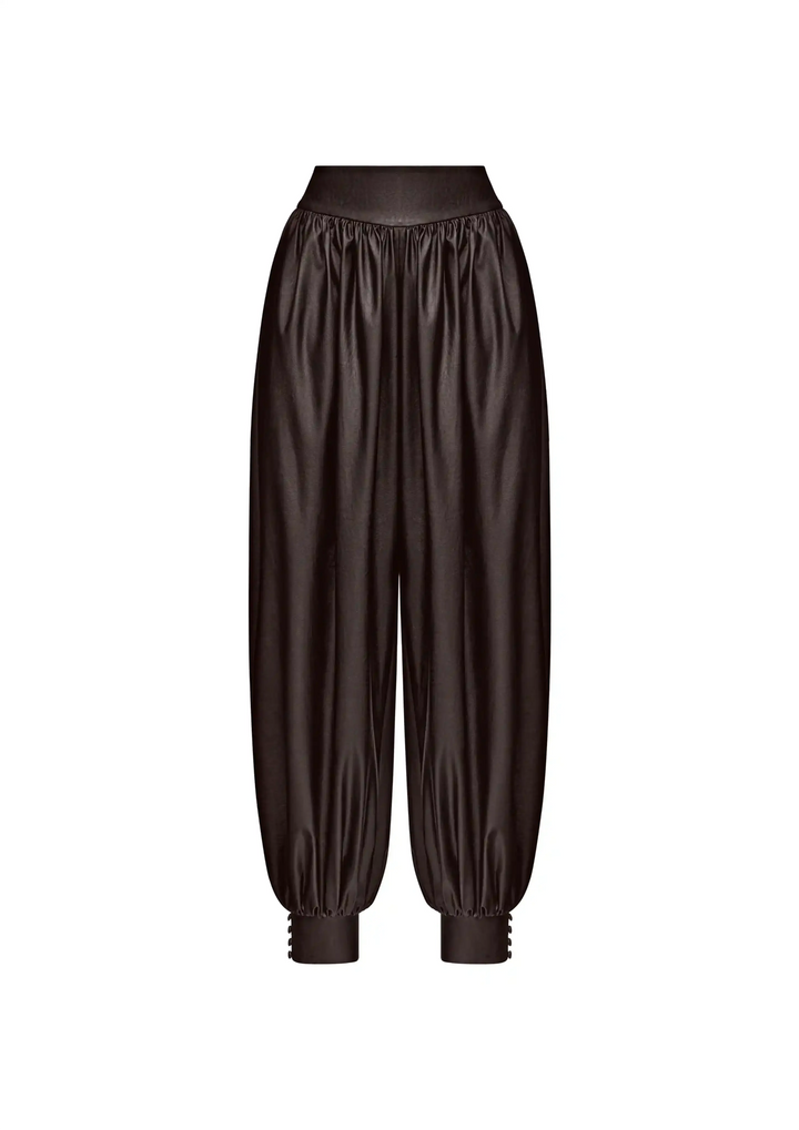 Chanelle-Evie, top and trousers made of chocolate eco-leather