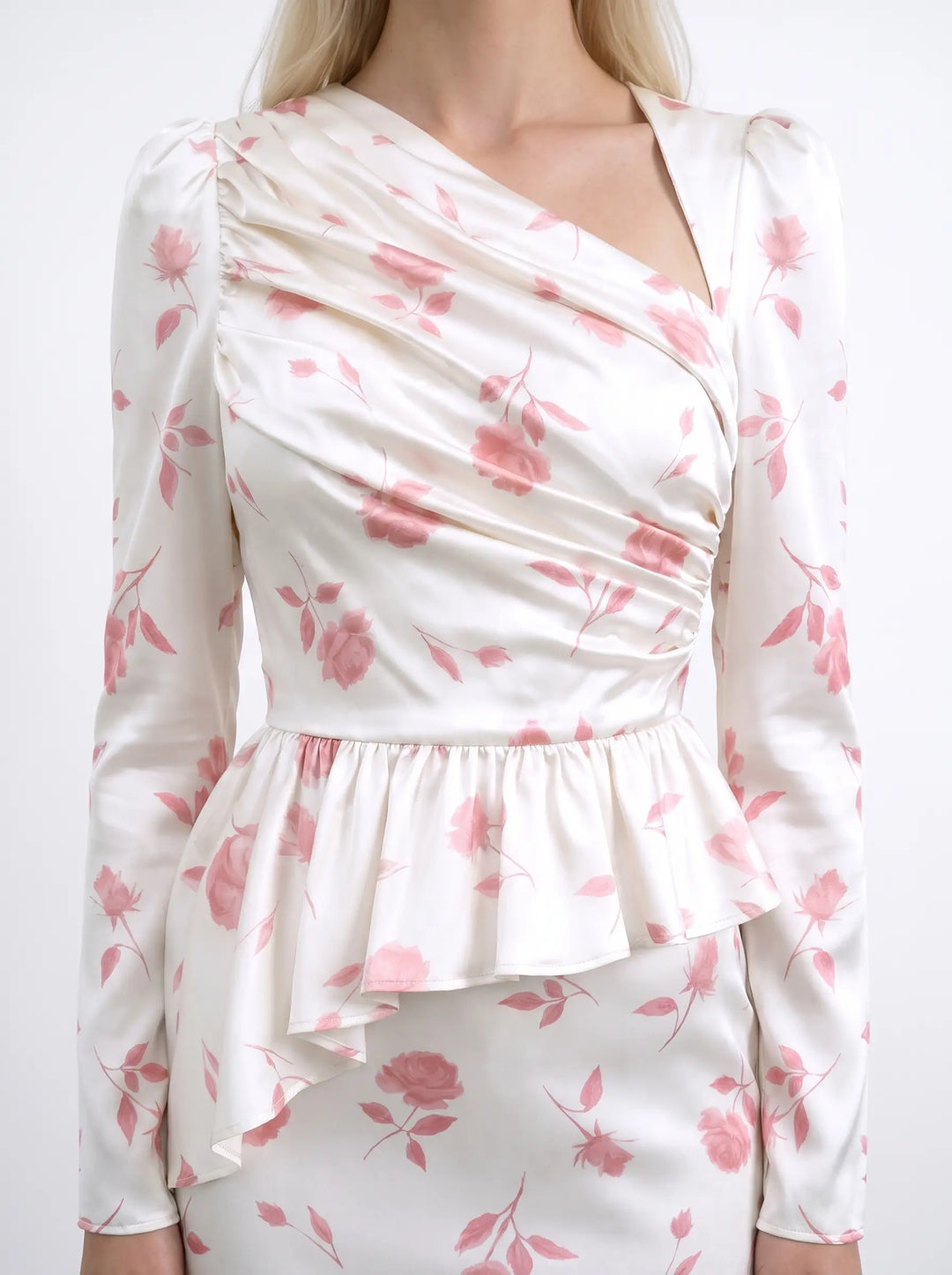 Fionella midi, ivory satin midi dress with medium light pink flowers
