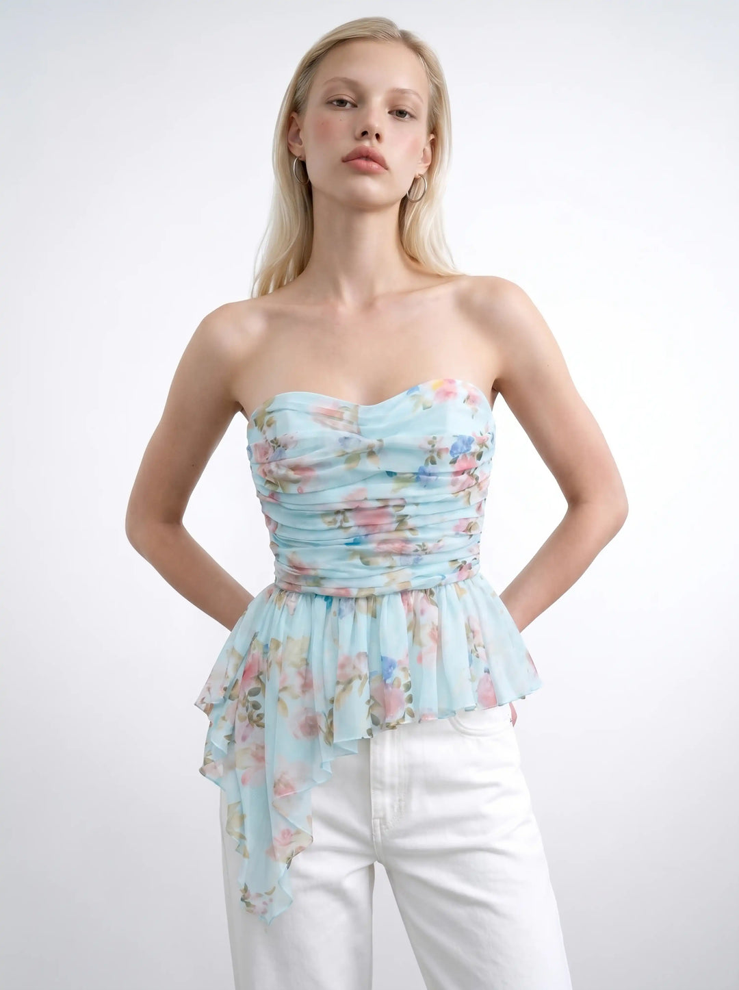 Joan, corset top in blue chiffon with a floral print