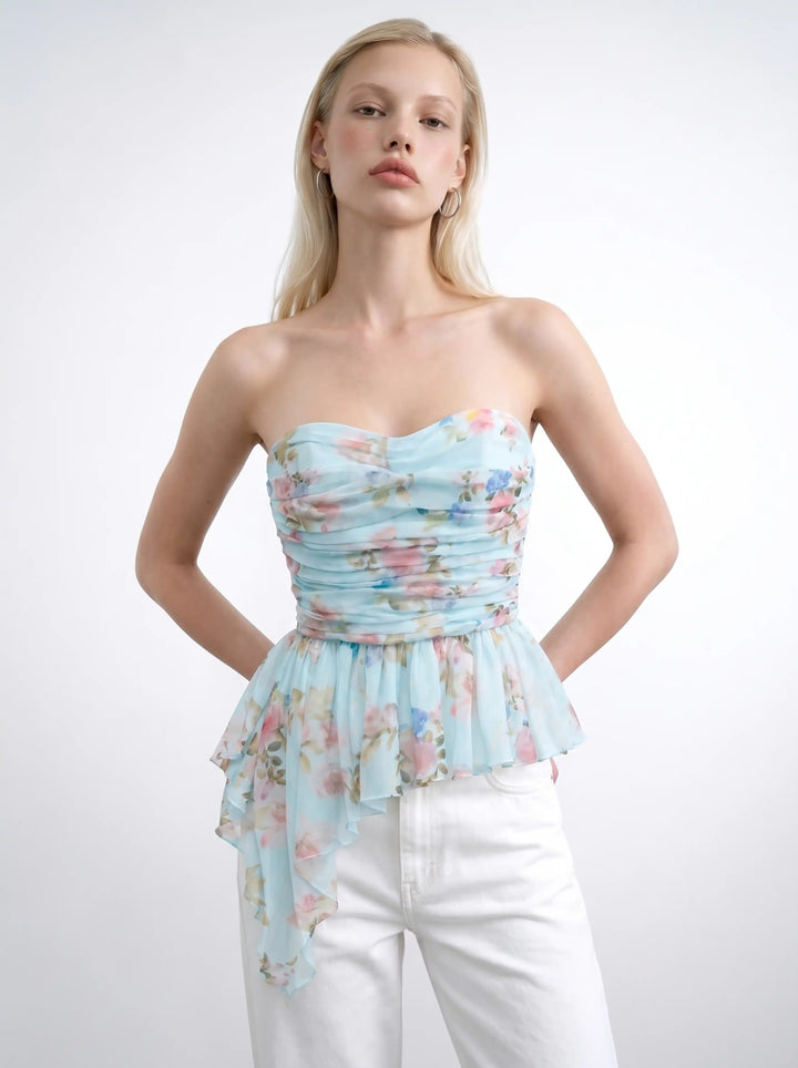 Joan, corset top in blue chiffon with a floral print