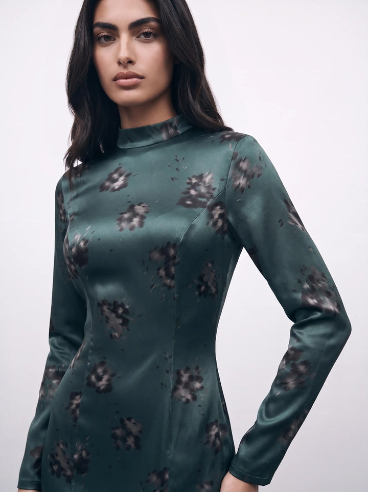 Bella maxi, emerald satin maxi dress with black flowers