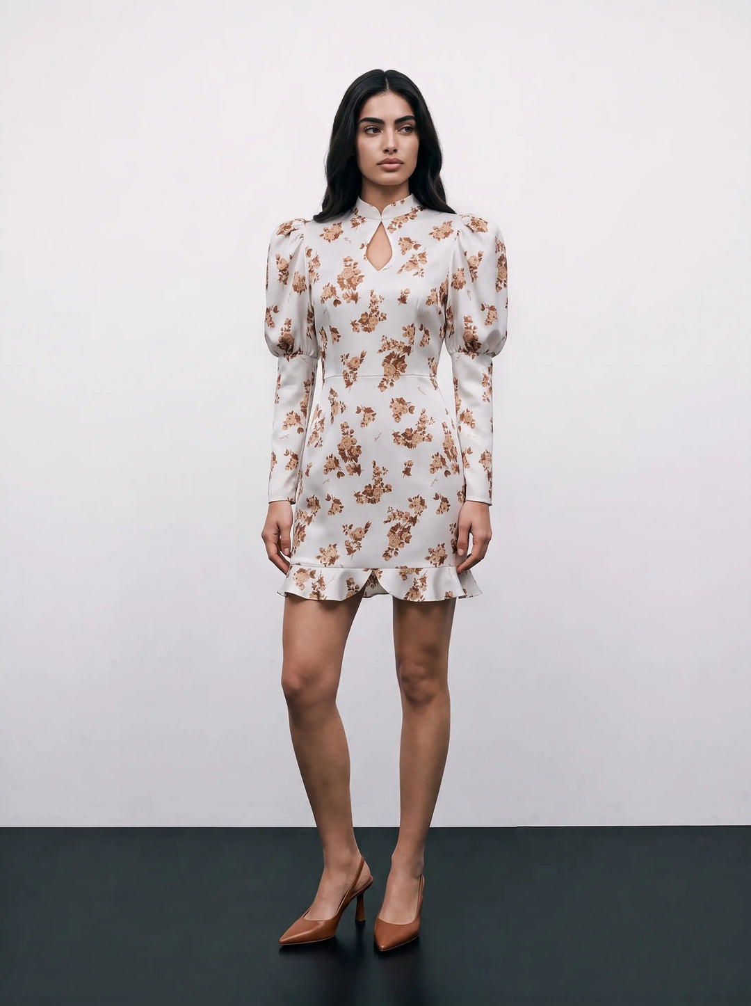 Giannetta mini, milky crepe de chine mini dress with brown flowers
