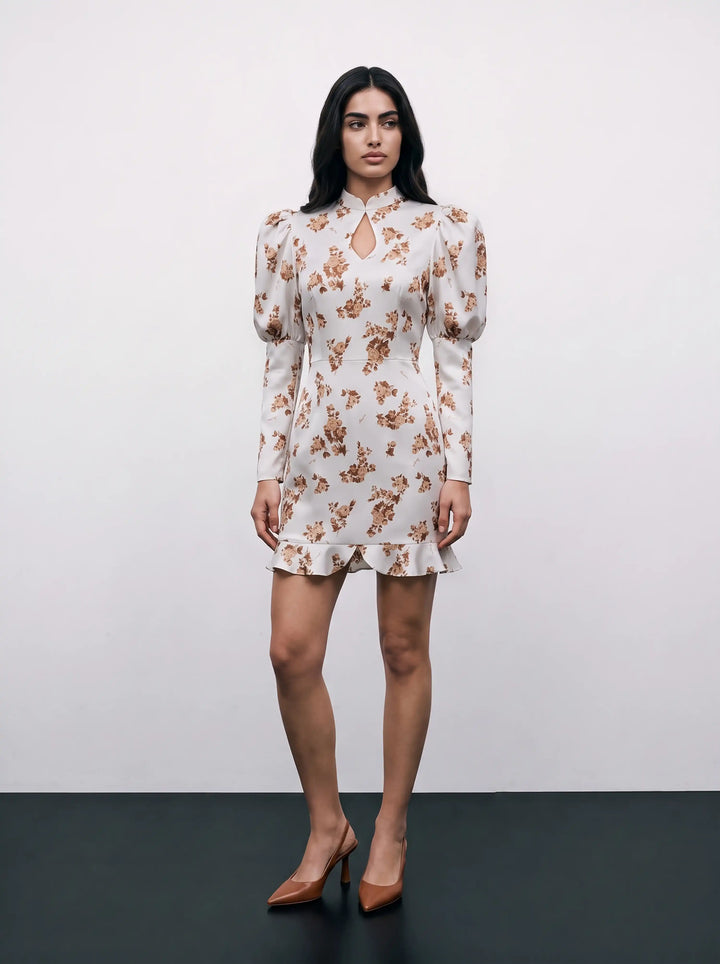 Giannetta mini, milky crepe de chine mini dress with brown flowers