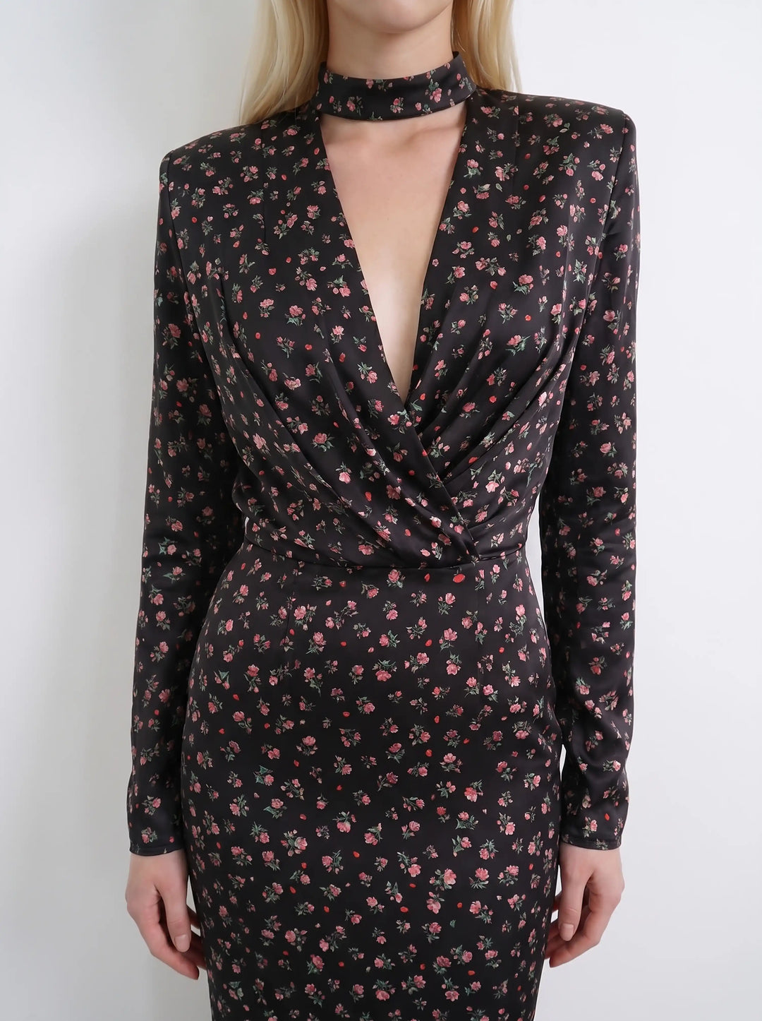 Jasmine maxi, satin maxi dress in black with small pink flowers