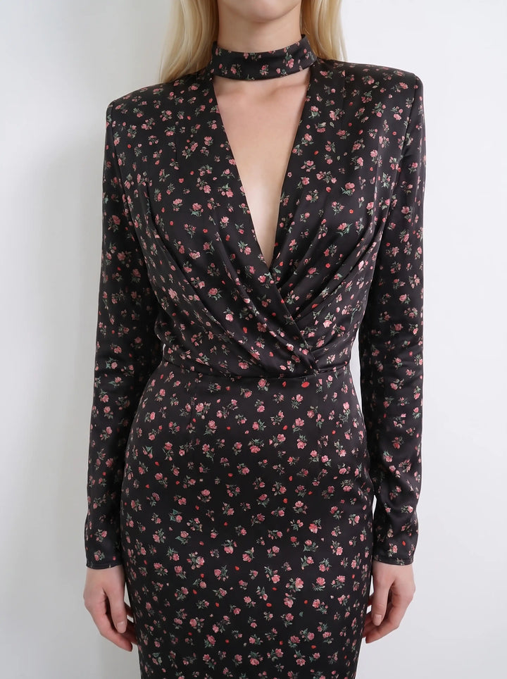 Jasmine maxi, satin maxi dress in black with small pink flowers