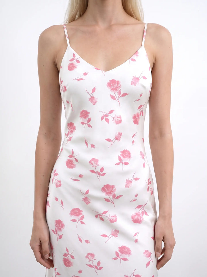 Cecil, ivory satin midi dress with medium light pink flowers