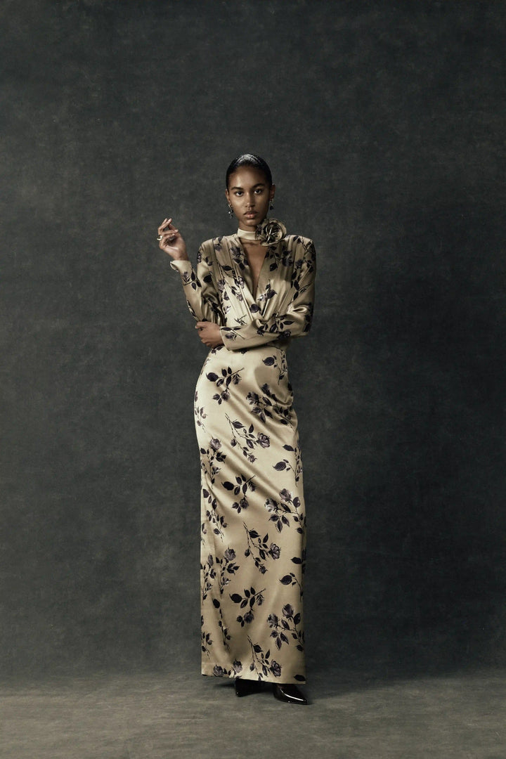 Jasmine maxi, maxi dress made of beige satin with medium floral print