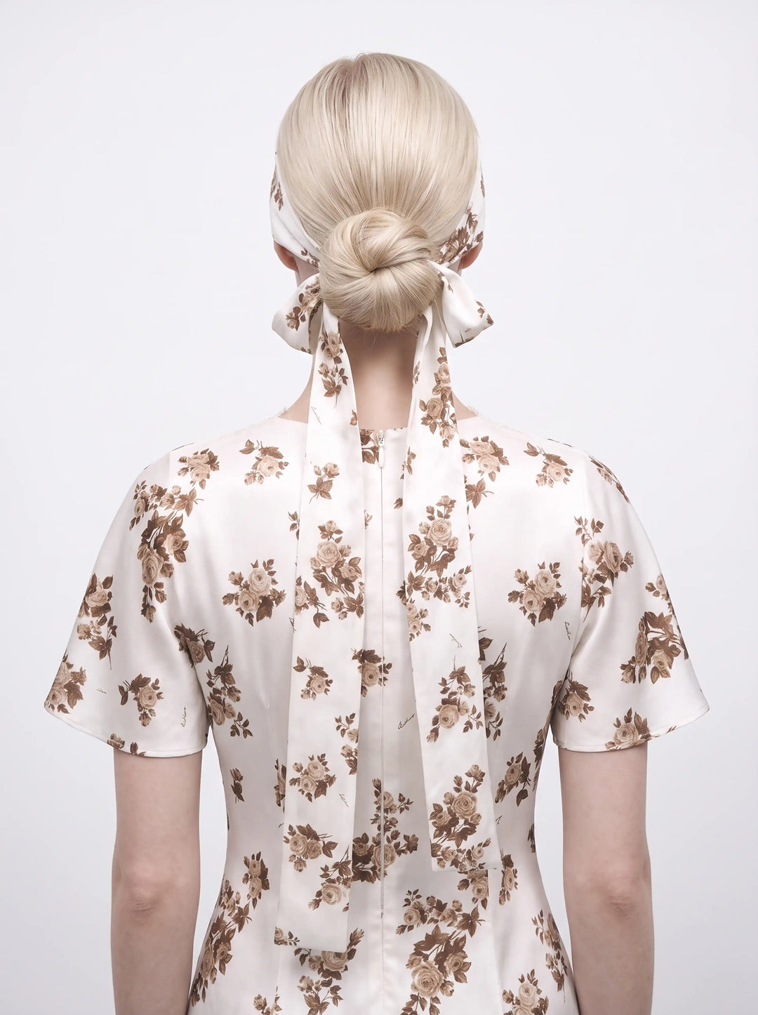 Luana, ivory satin ribbon with brown flowers