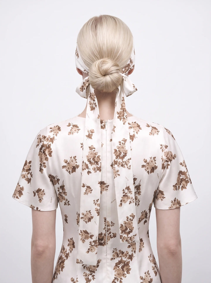 Luana, ivory satin ribbon with brown flowers