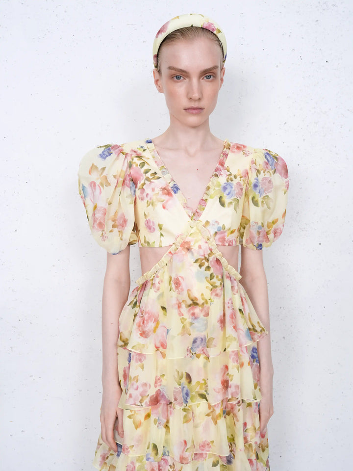 Kelly midi, midi dress in pale yellow chiffon with a floral print