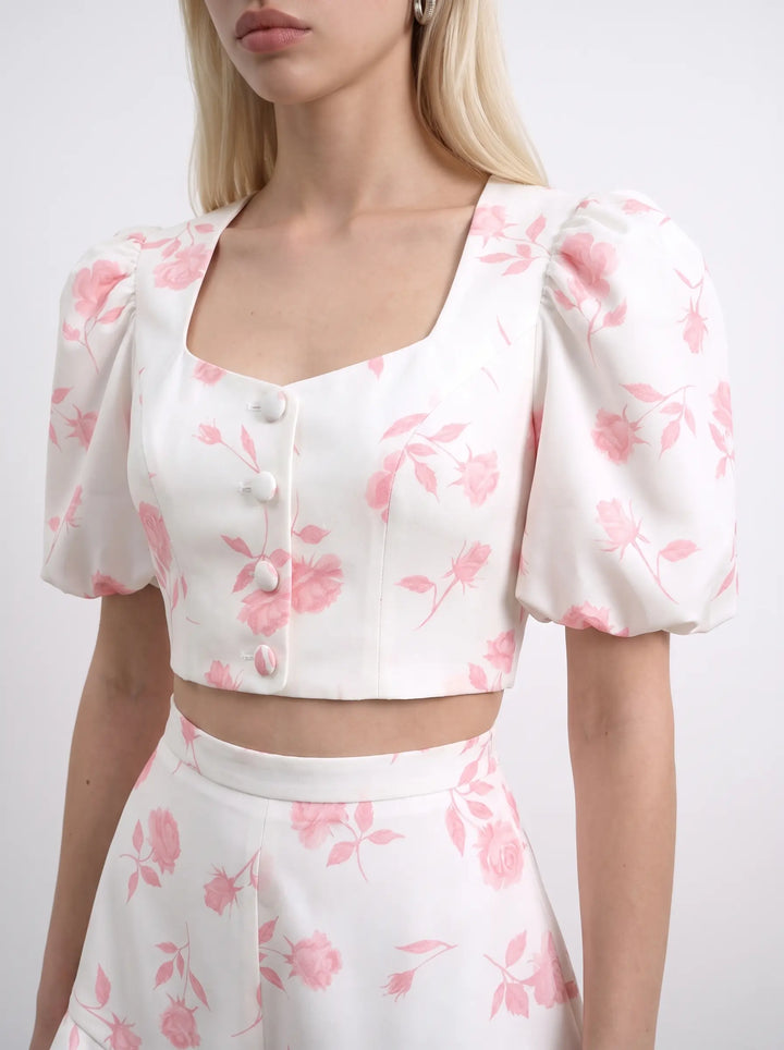 Chanelle, ivory batiste top with medium light pink flowers