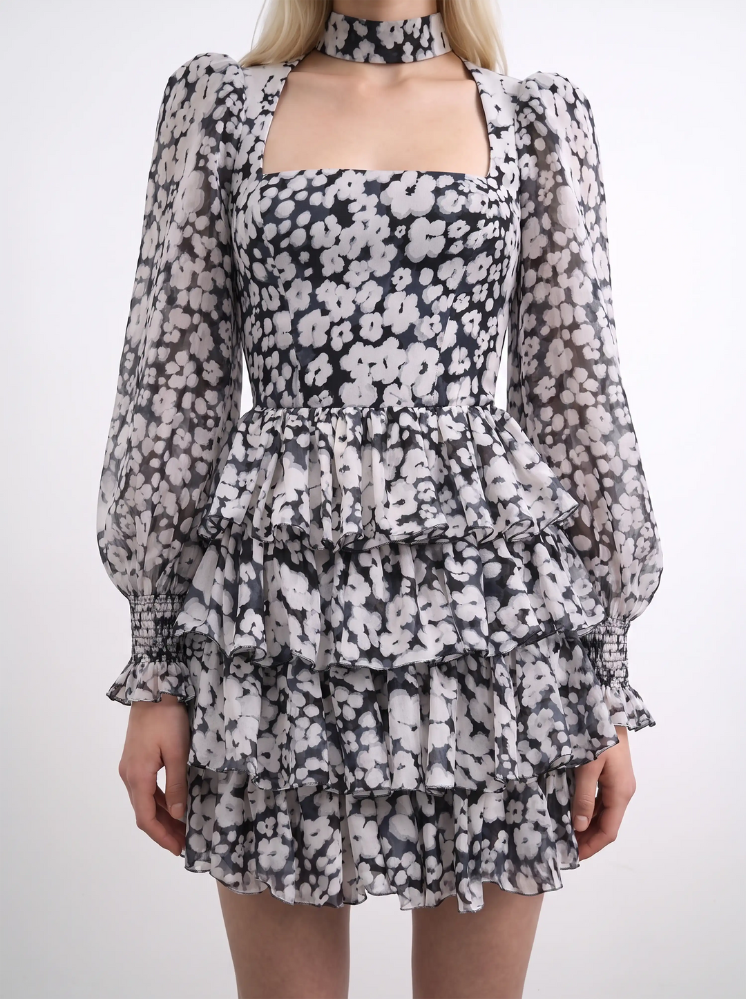 Valerie mini, mini dress black chiffon with medium ivory flowers